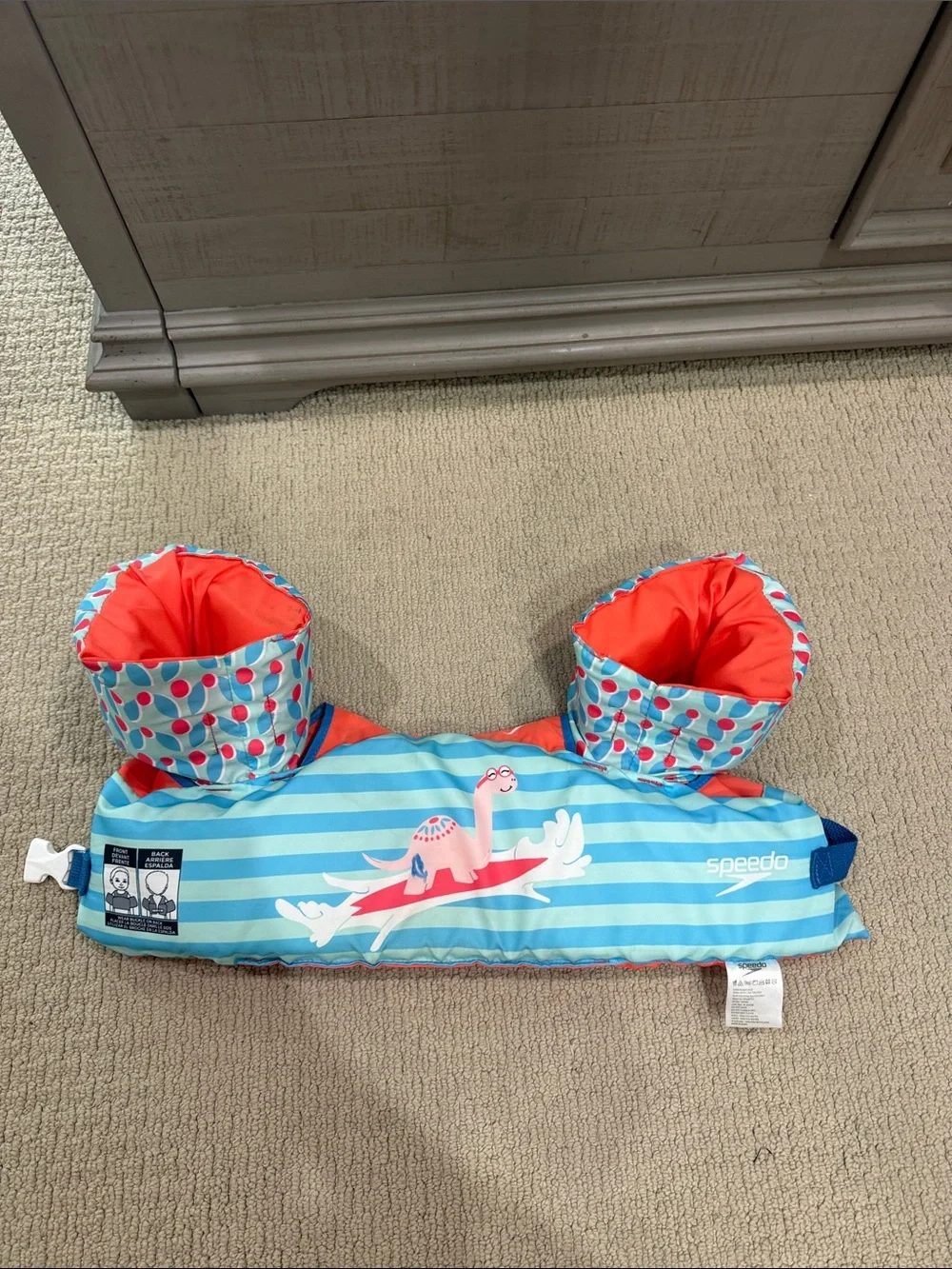 Speedo Kids Blue & Coral Striped Inflatable Swim Vest with Dinosaur